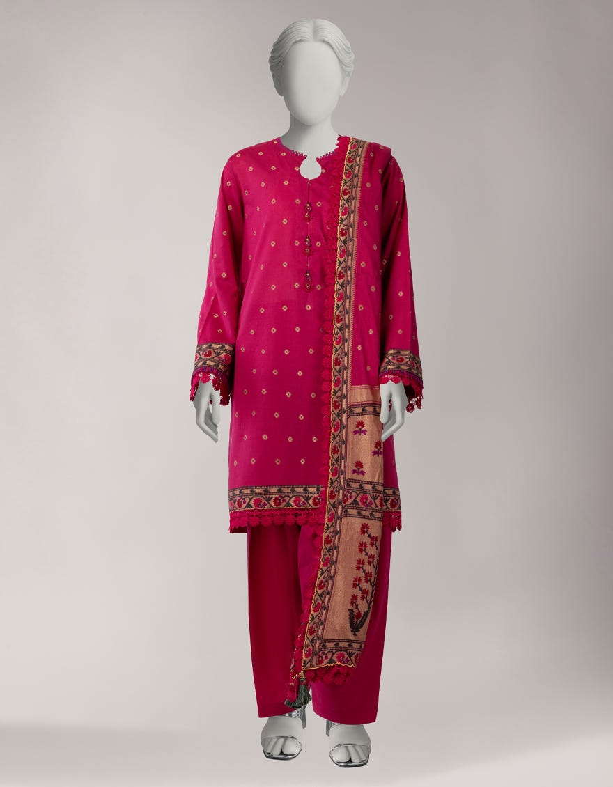 PINK JACQUARD SHIMMER UNSTITCHED 3PC