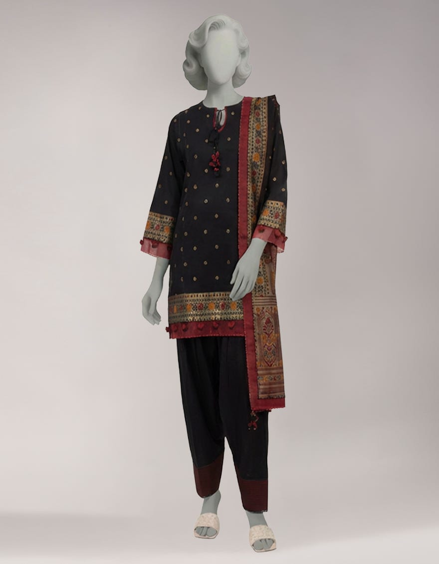 BLACK JACQUARD SHIMMER UNSTITCHED 3PC