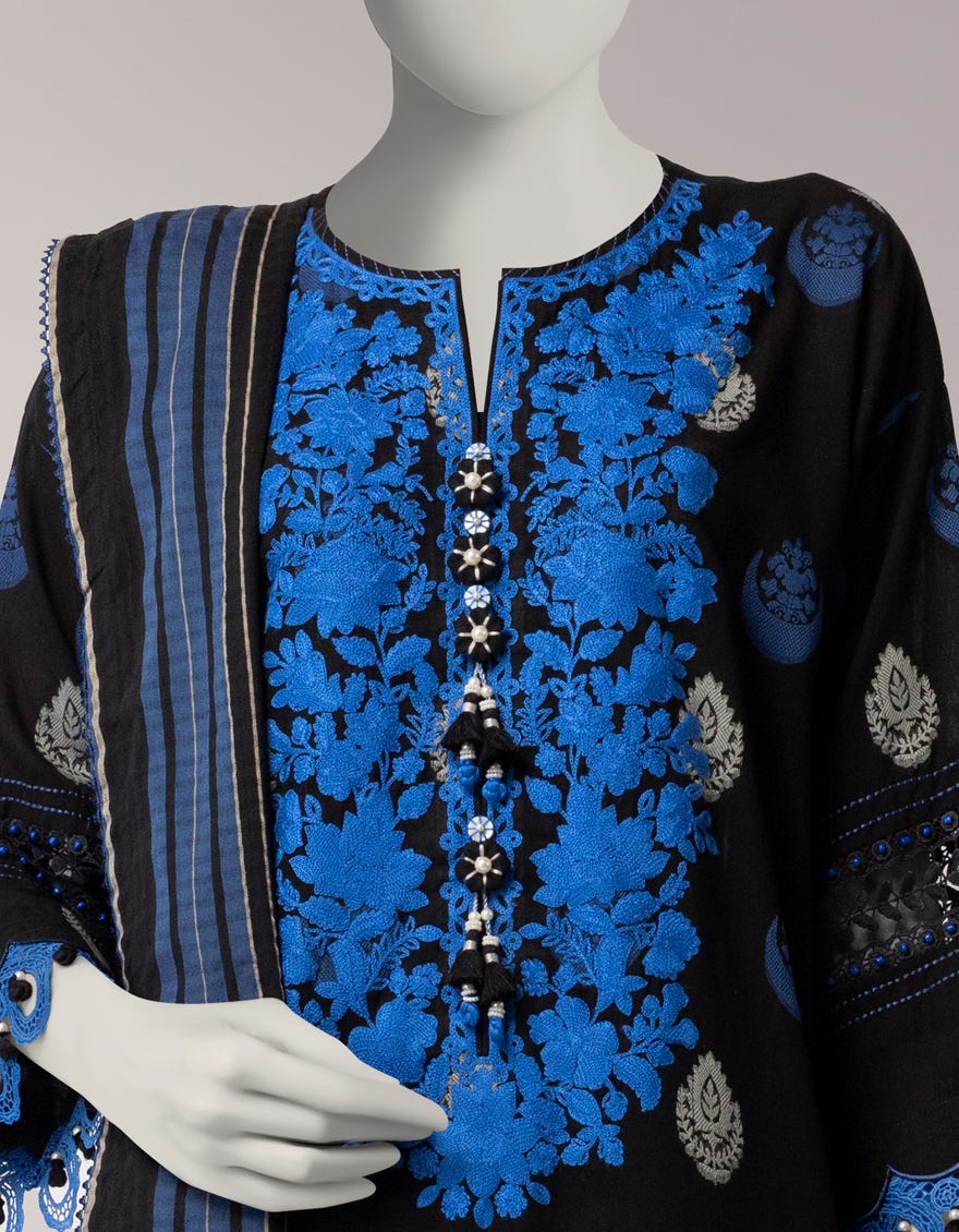 BLACK DOBBY EMBROIDERED UNSTITCHED 3PC