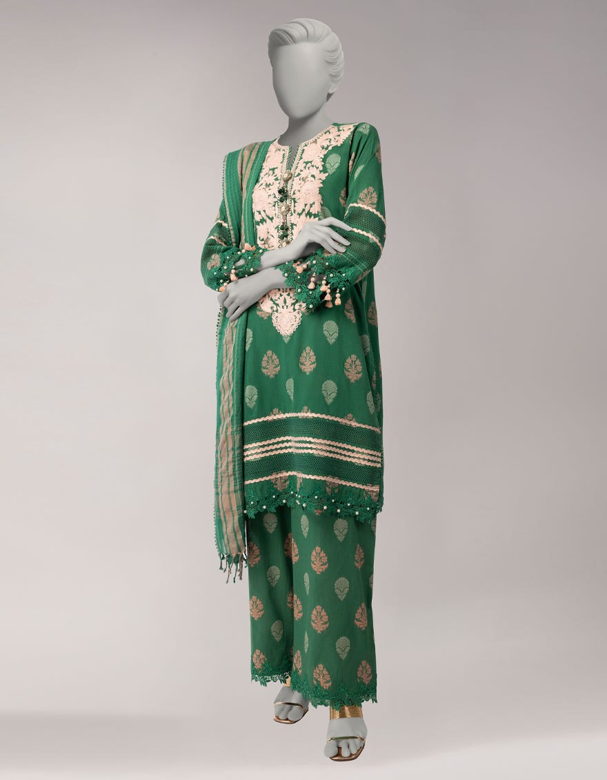 GREEN DOBBY EMBROIDERED UNSTITCHED 3PC