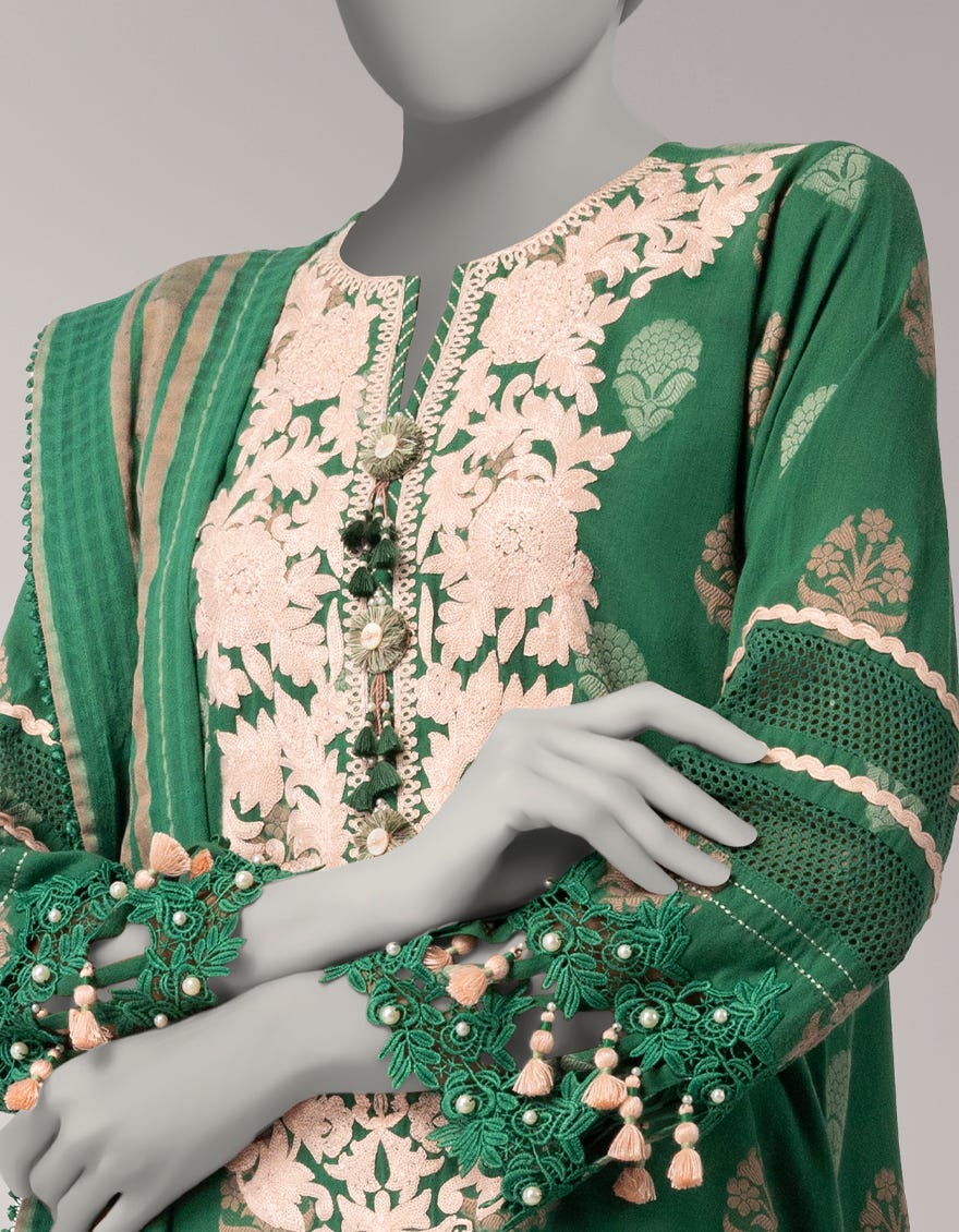 GREEN DOBBY EMBROIDERED UNSTITCHED 3PC