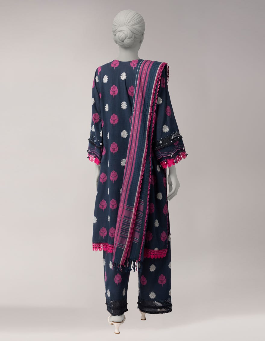 BLUE DOBBY EMBROIDERED UNSTITCHED 3PC