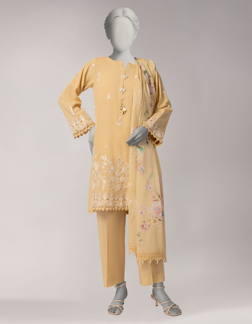 YELLOW DOBBY EMBROIDERED UNSTITCHED 3PC