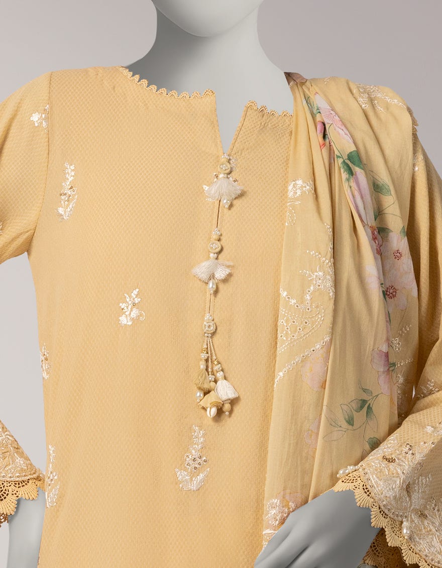 YELLOW DOBBY EMBROIDERED UNSTITCHED 3PC