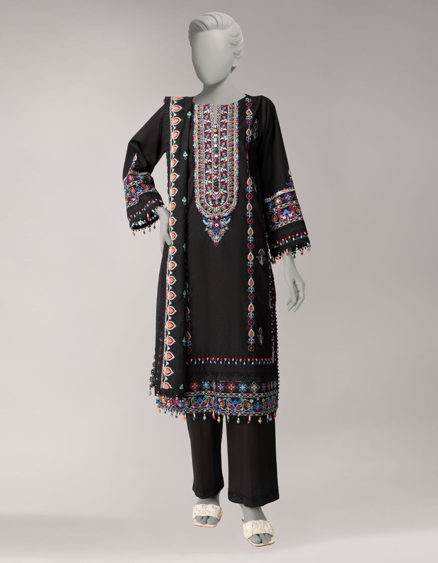 BLACK DORIA EMBROIDERED UNSTITCHED 3PC