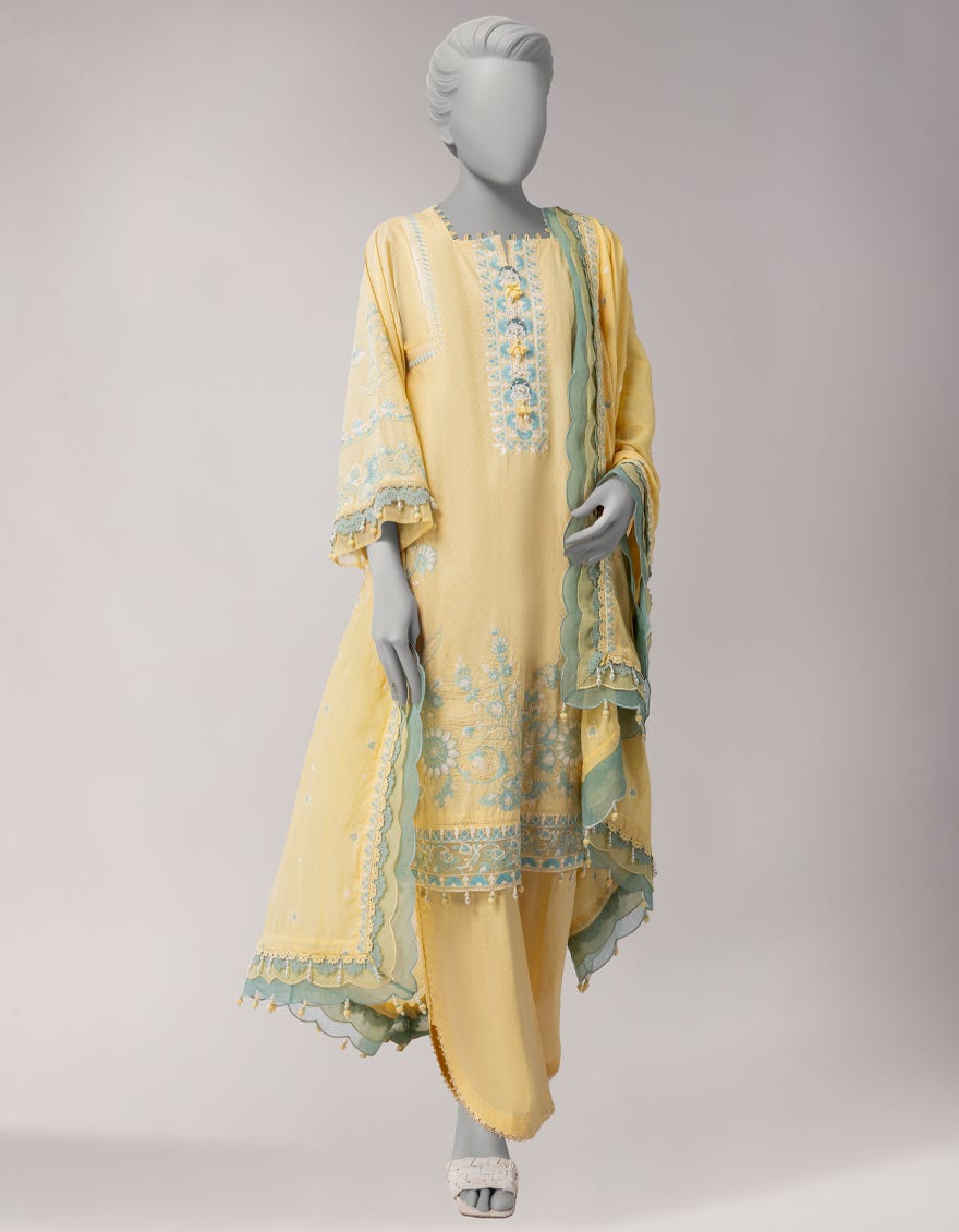 YELLOW DORIA PRINTED UNSTITCHED 3PC