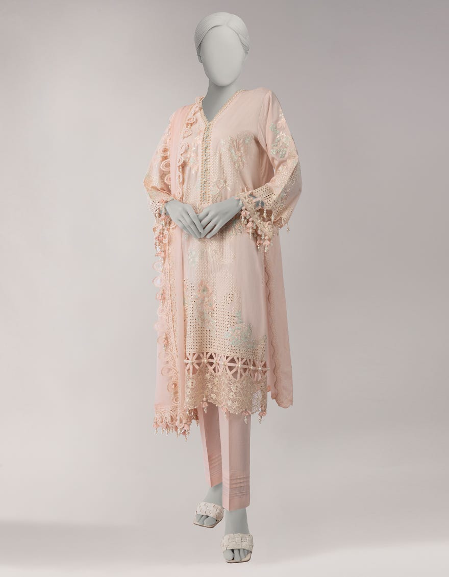 PINK LAWN SCHIFFLI UNSTITCHED 3PC