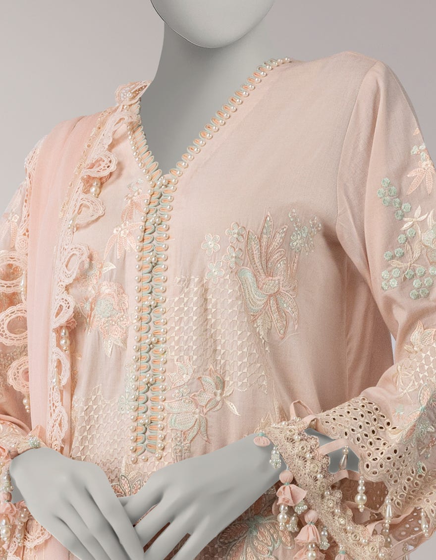 PINK LAWN SCHIFFLI UNSTITCHED 3PC