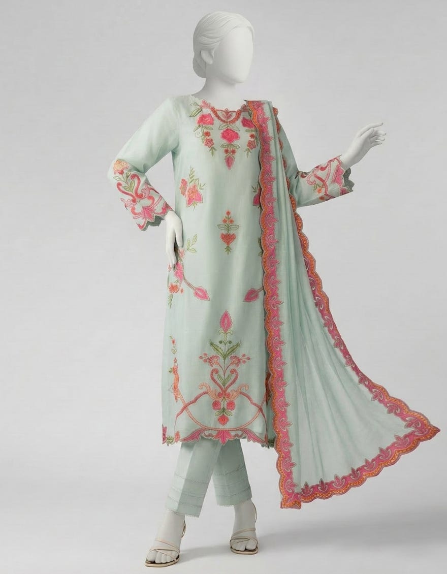 BLUE COTTON SILK EMBROIDERED STITCHED 3PC