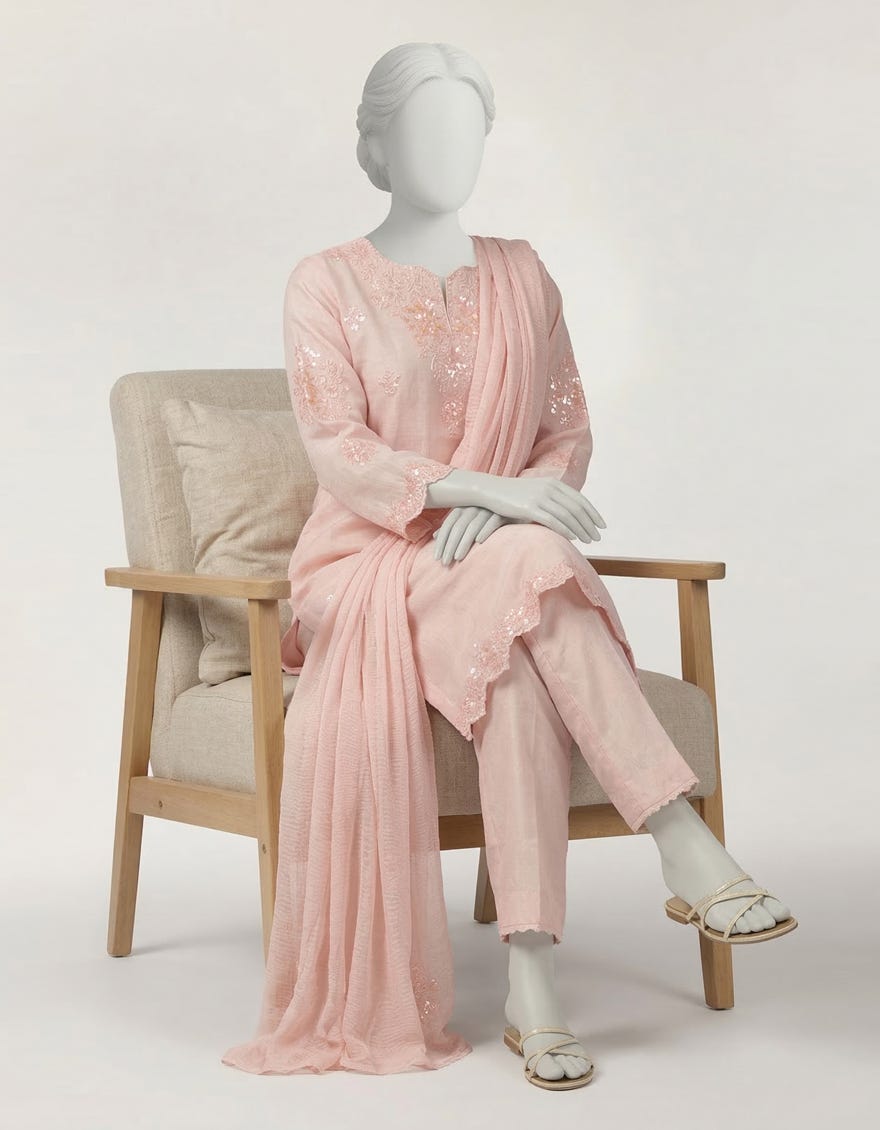 PINK COTTON SILK EMBROIDERED STITCHED 3PC