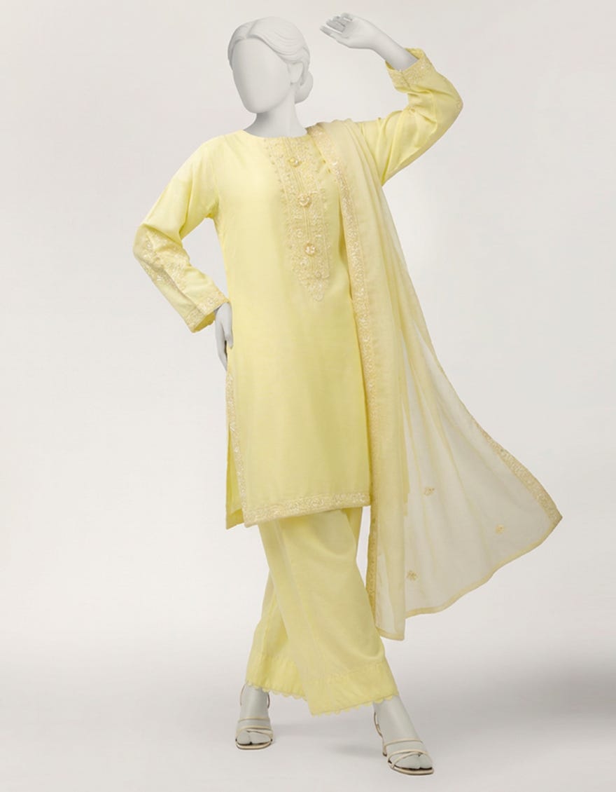 YELLOW COTTON SILK EMBROIDERED STITCHED 3PC