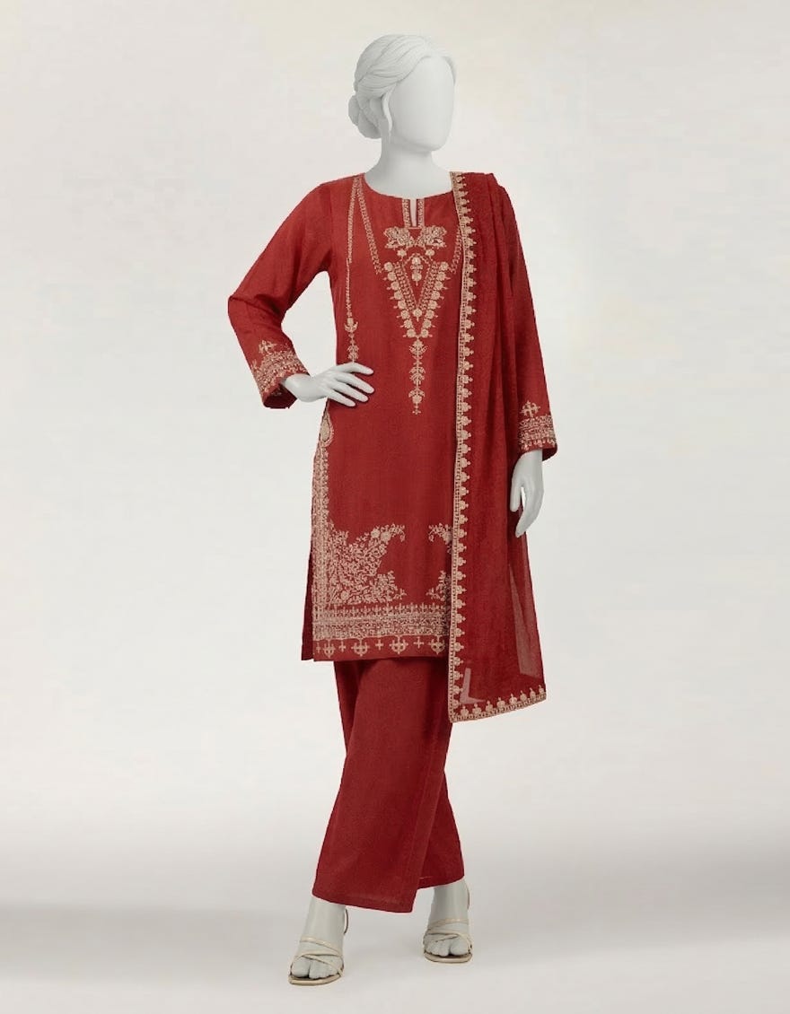 RED DOBBY EMBROIDERED STITCHED 3PC