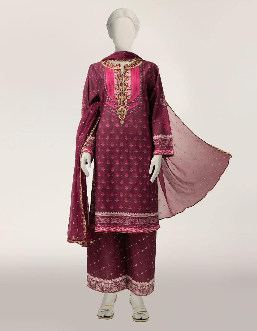 MAROON COTTON SILK EMBROIDERED STITCHED 3PC