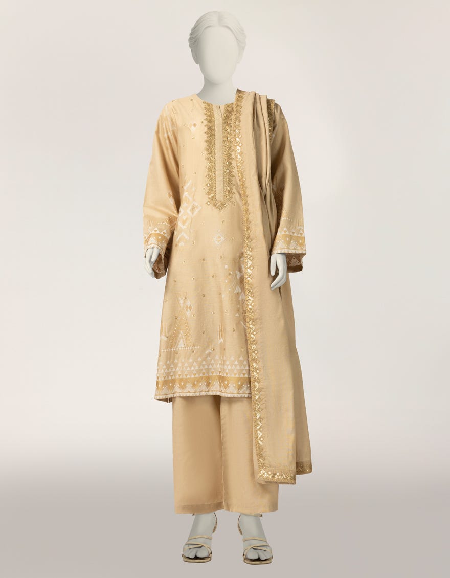 BEIGE COTTON SILK EMBROIDERED STITCHED 3PC