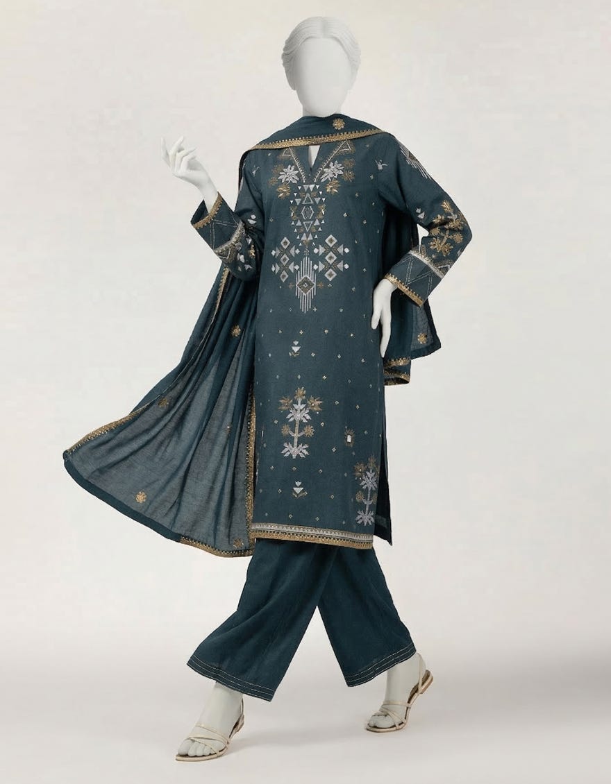 TEAL COTTON SILK EMBROIDERED STITCHED 3PC