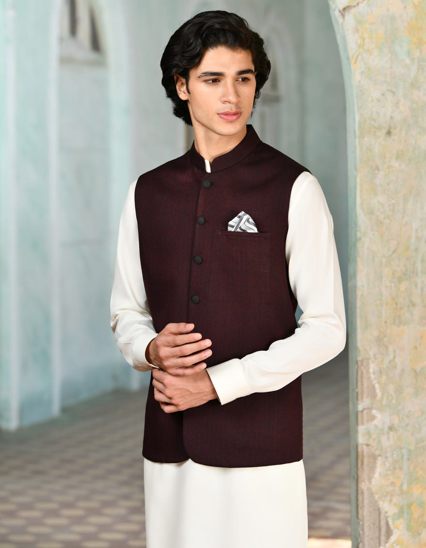 Maroon Suiting Waist Coat | Jjvc-A-27384-R10-Ap