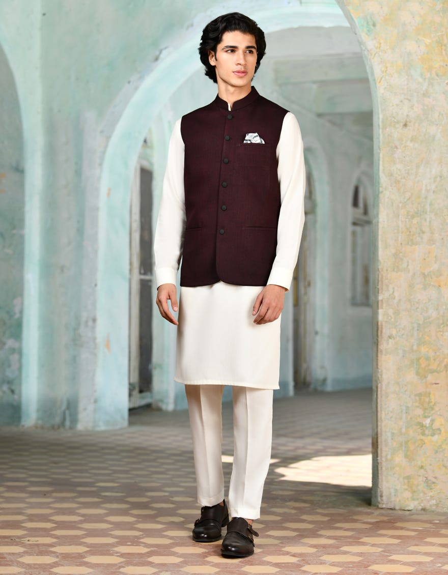 Maroon Suiting Waist Coat | Jjvc-A-27384-R10-Ap