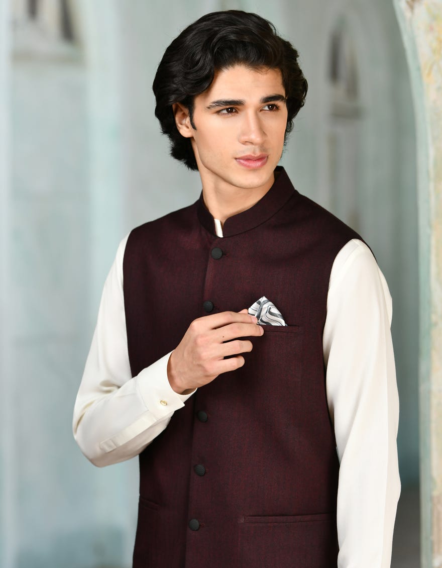 Maroon Suiting Waist Coat | Jjvc-A-27384-R10-Ap