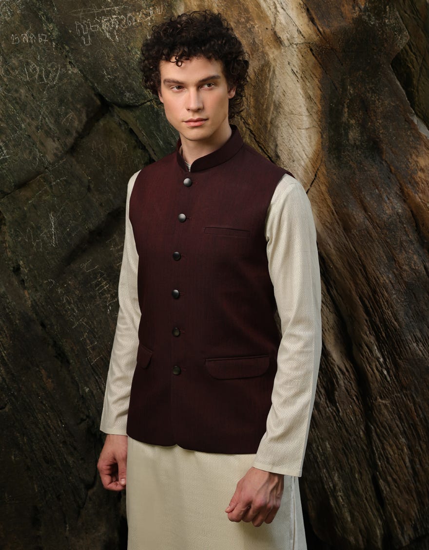 MAROON SUITING WAISTCOAT | JJVC-A-27384-R12-AP