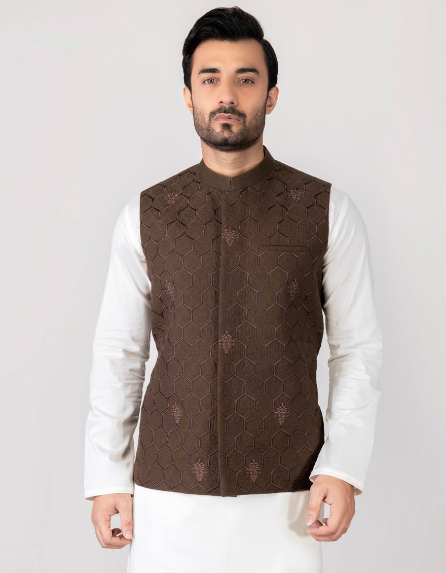 DARK BROWN COTTON WAISTCOAT | JJVC-27446