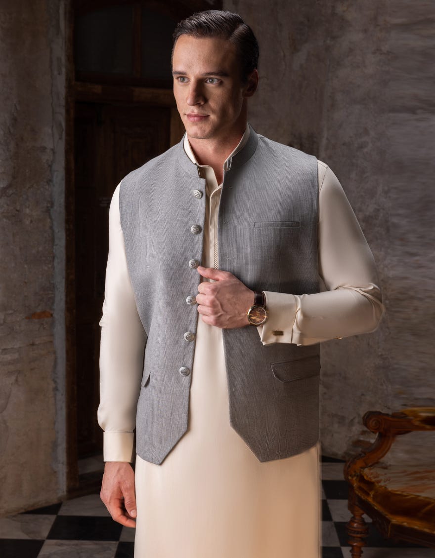 HATCHED GREY BLENDED WAISTCOAT | JJVC-27465