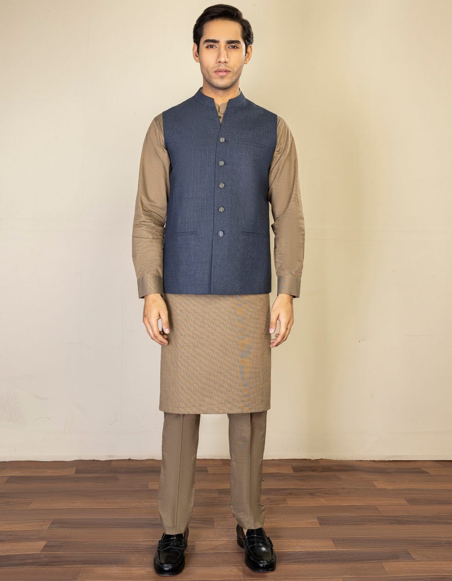 HATCHED BLUE BLENDED WAISTCOAT | JJVC-27466