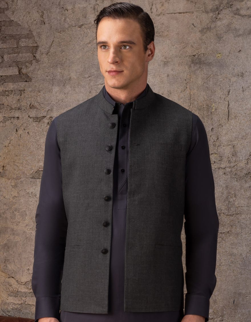 HATCHED BLACK BLENDED WAISTCOAT | JJVC-27467