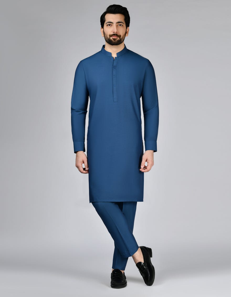 Peacock Blue Blended Unstitched Kameez Shalwar Fabric | Jjms-2789