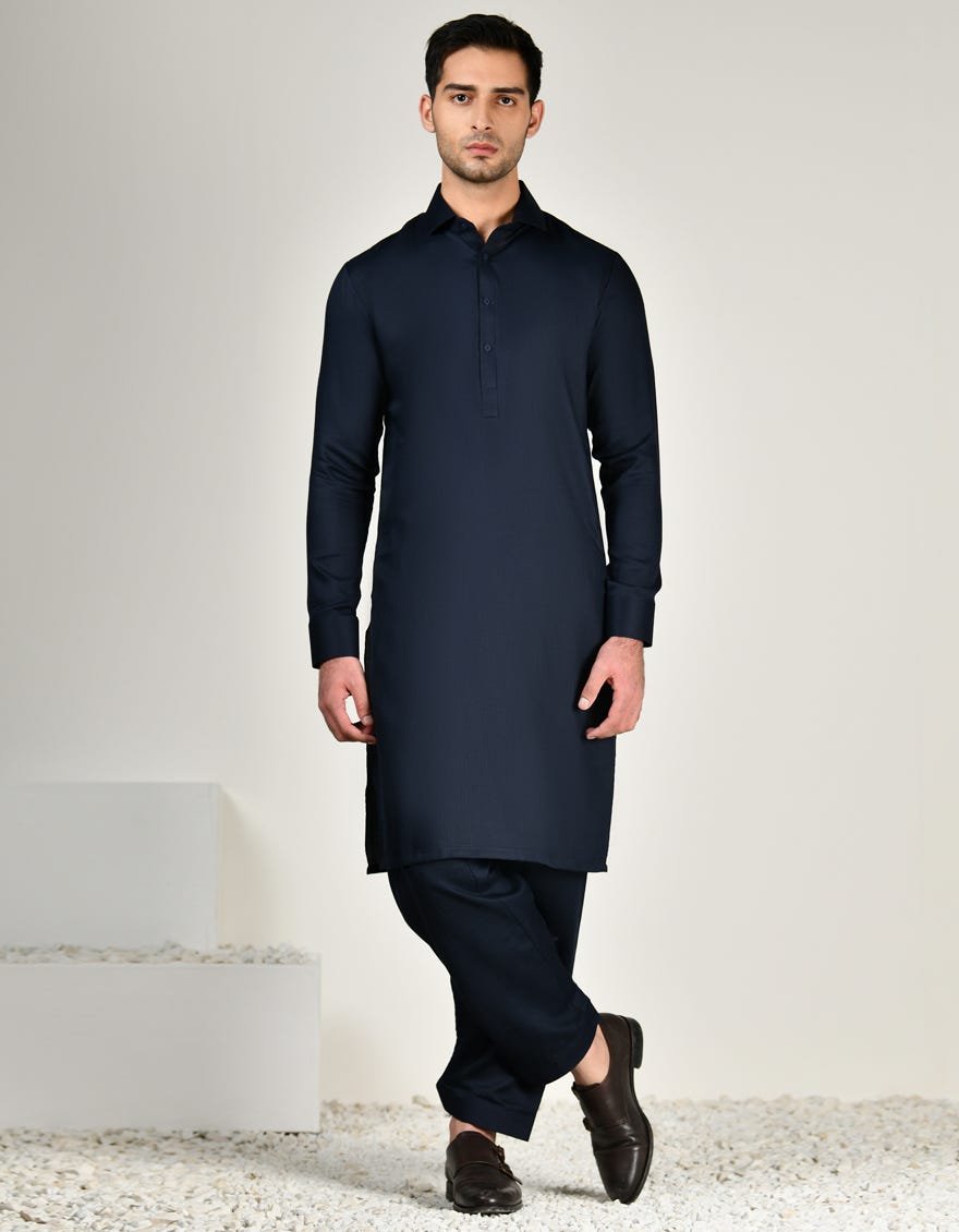 NAVY BLUE BLENDED UNSTITCHED KAMEEZ SHALWAR FABRIC | JJMS-2814