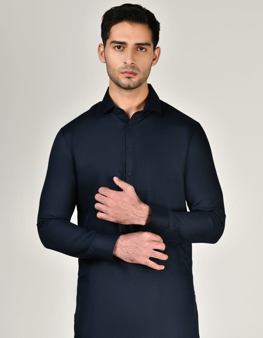 NAVY BLUE BLENDED UNSTITCHED KAMEEZ SHALWAR FABRIC | JJMS-2814