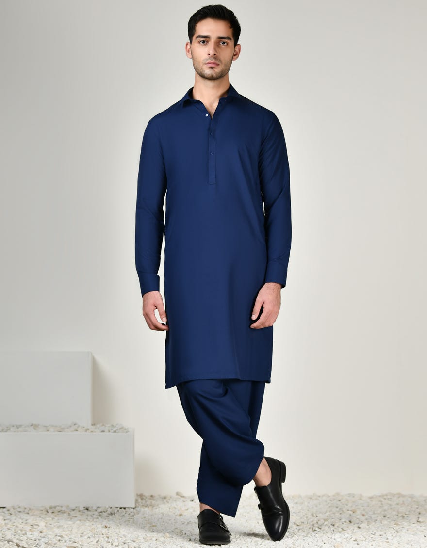 NAVY BLUE BLENDED UNSTITCHED KAMEEZ SHALWAR FABRIC | JJMS-2839