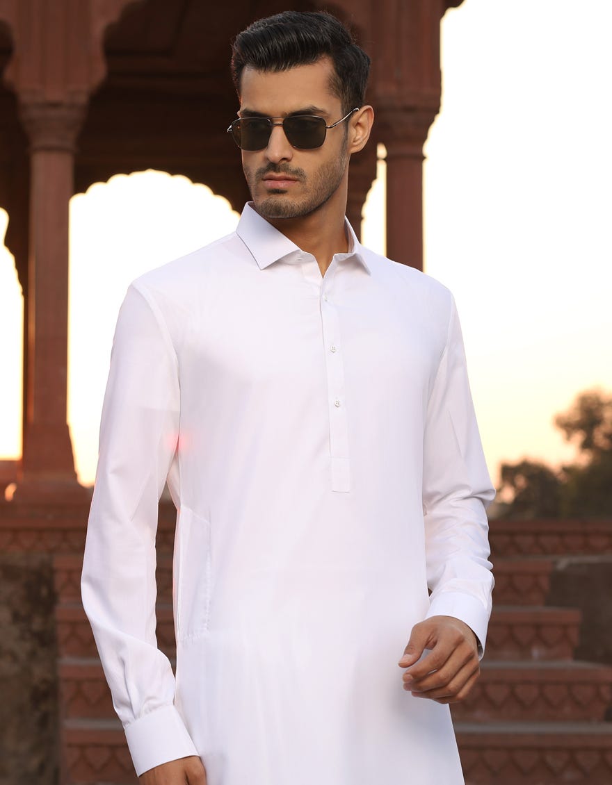 White Blended Men's Kameez Shalwar | Jjks-A-30727-R18-Ap