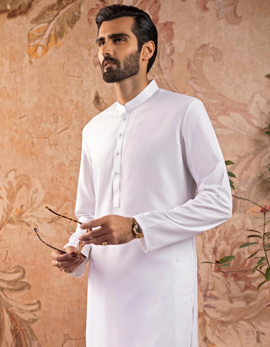 White Blended Men's Kameez Shalwar | Jjks-A-30728-R18-Ap