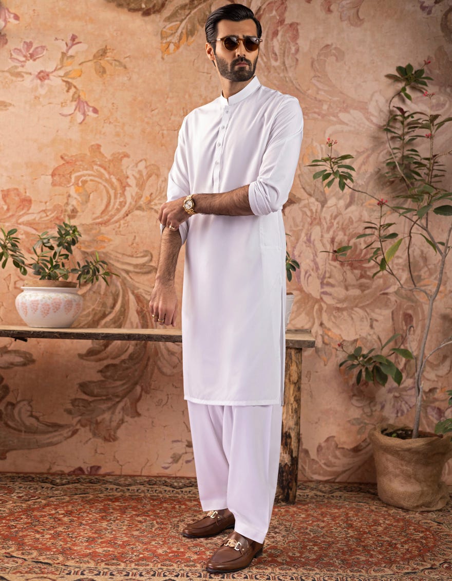 White Blended Men's Kameez Shalwar | Jjks-A-30728-R18-Ap