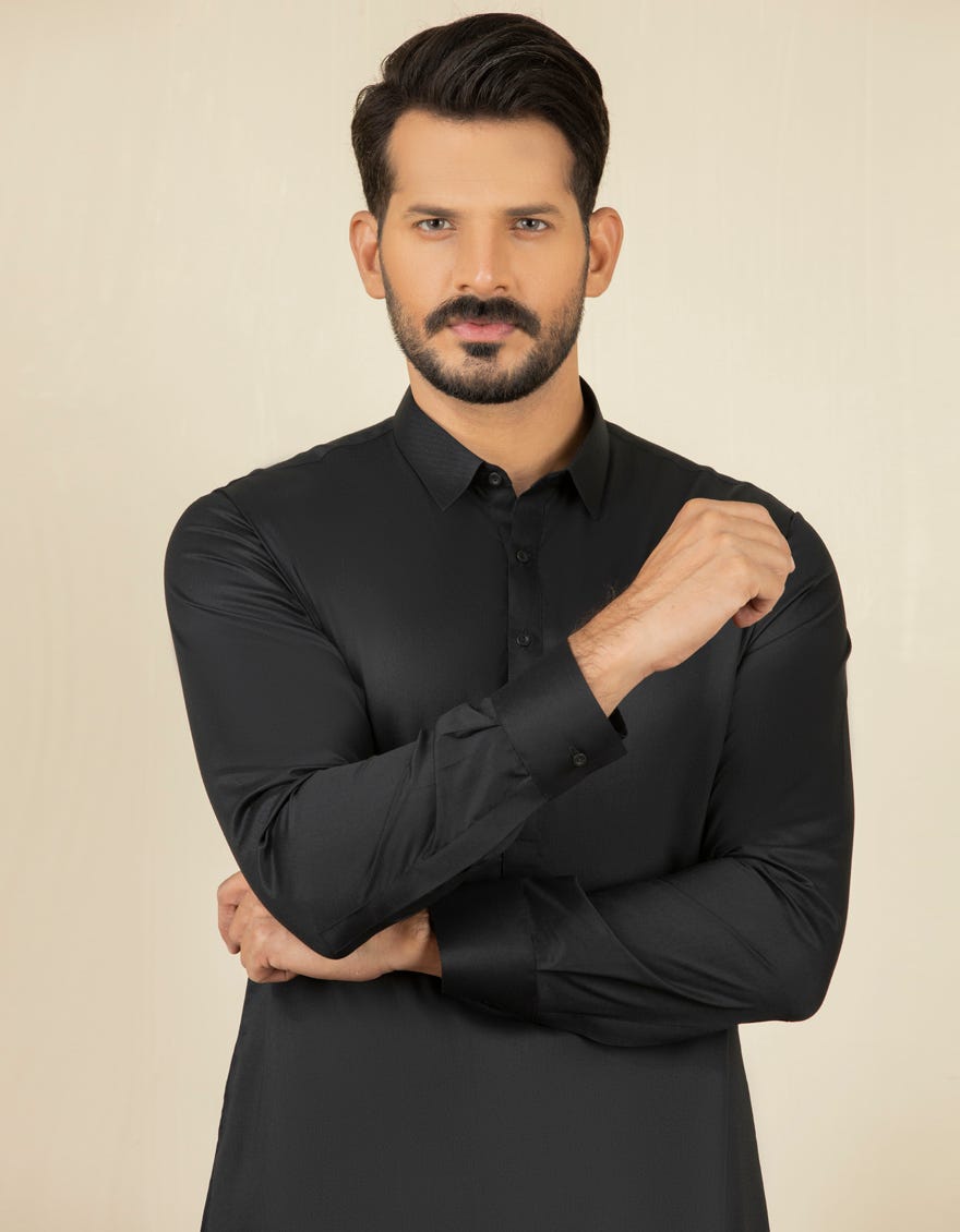 Black Blended Men's Kameez Shalwar | Jjks-S-30729-R30-Ap