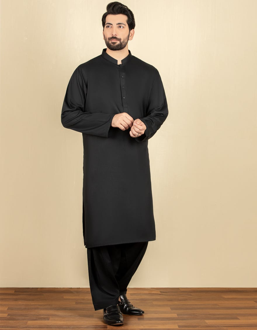 Black Blended Men's Kameez Shalwar | Jjks-A-30778-R30-Ap