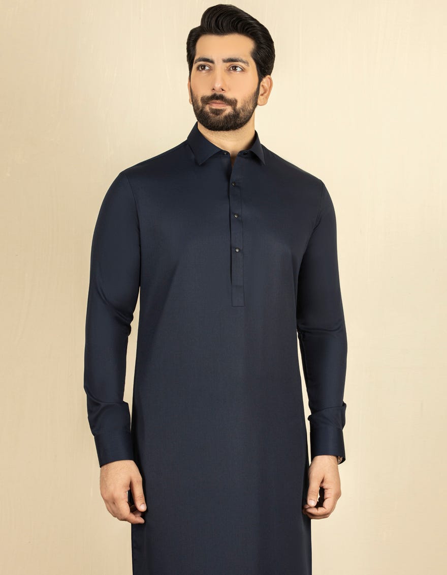 Navy Blue Blended Men's Kameez Shalwar | Jjks-A-30779-R29-Ap