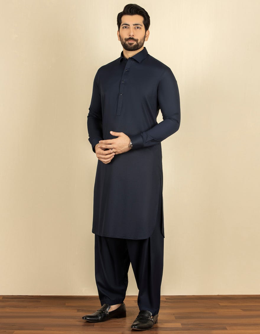 Navy Blue Blended Men's Kameez Shalwar | Jjks-A-30779-R28-Ap
