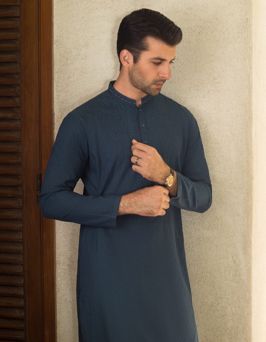 PEACOCK BLUE COTTON SEMI-FORMAL KURTA - JJK-S-31054/S20/JJ6373