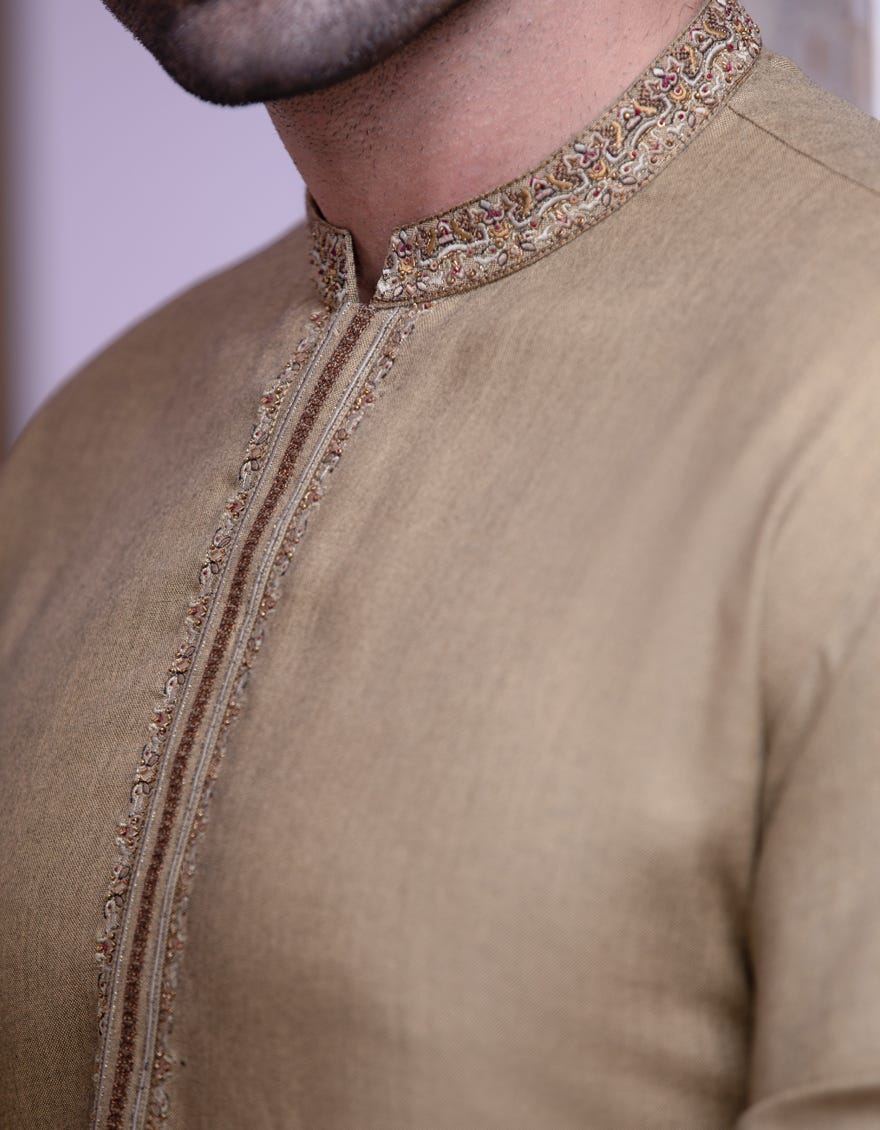 KHAKI BLENDED KURTA PAJAMA | JJKS-A-32518