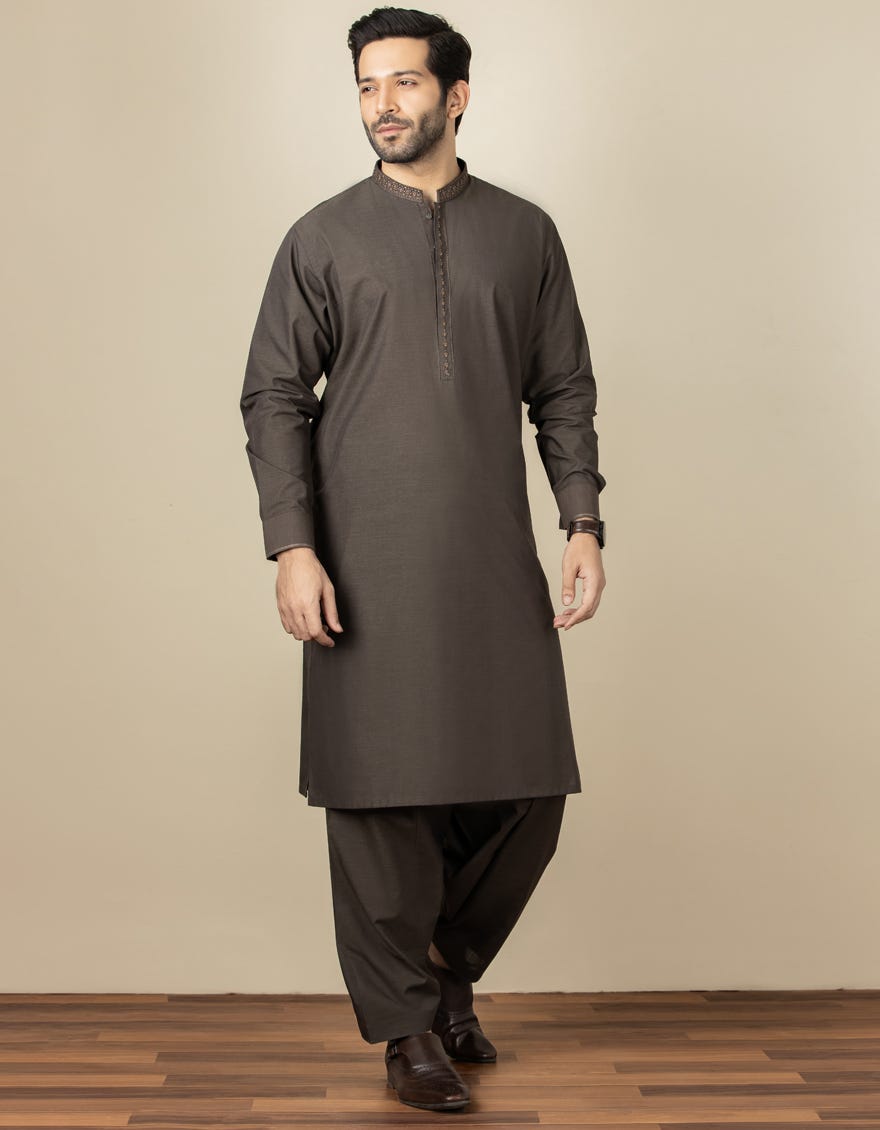 CEDAR BROWN CVC CASUAL KAMEEZ SHALWAR | JJKS-A-32548