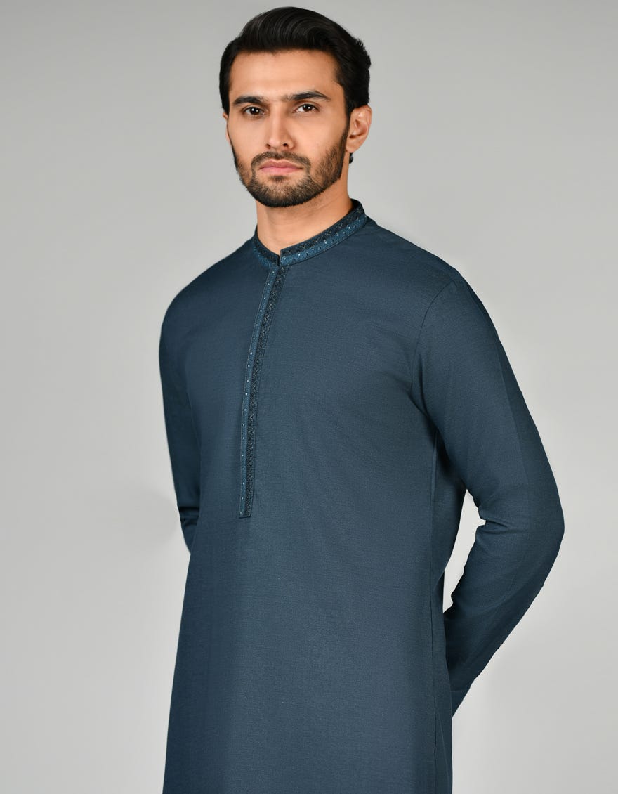 Dark Green Blended Men's Kameez Shalwar | Jjks-S-32818