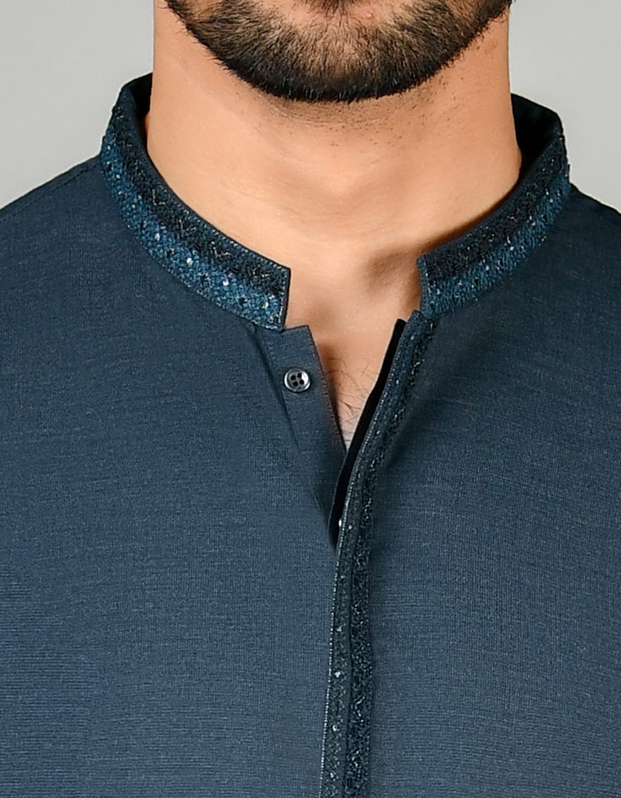 Dark Green Blended Men's Kameez Shalwar | Jjks-S-32818