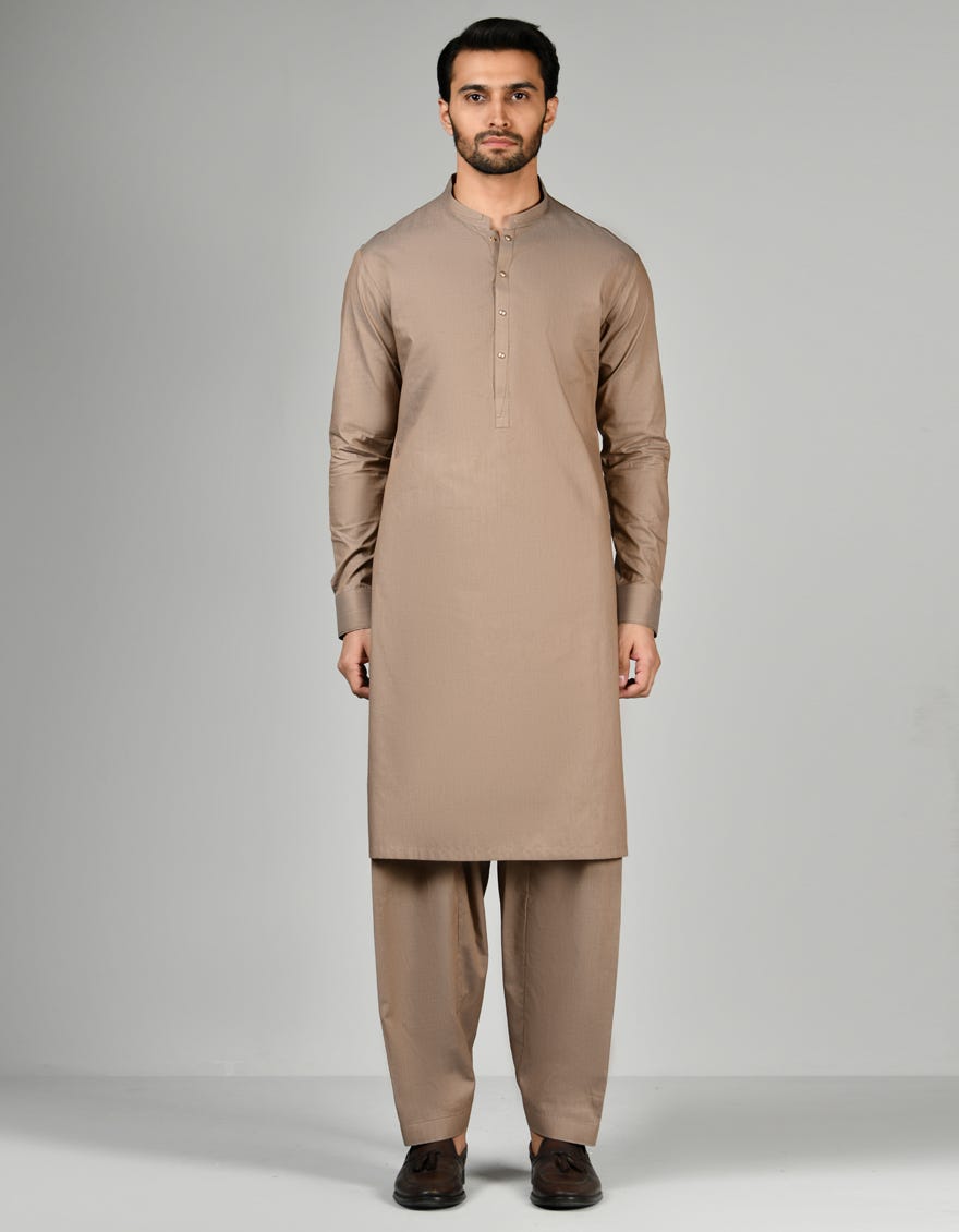 Brown Cotton Men's Kameez Shalwar | Jjks-A-32827