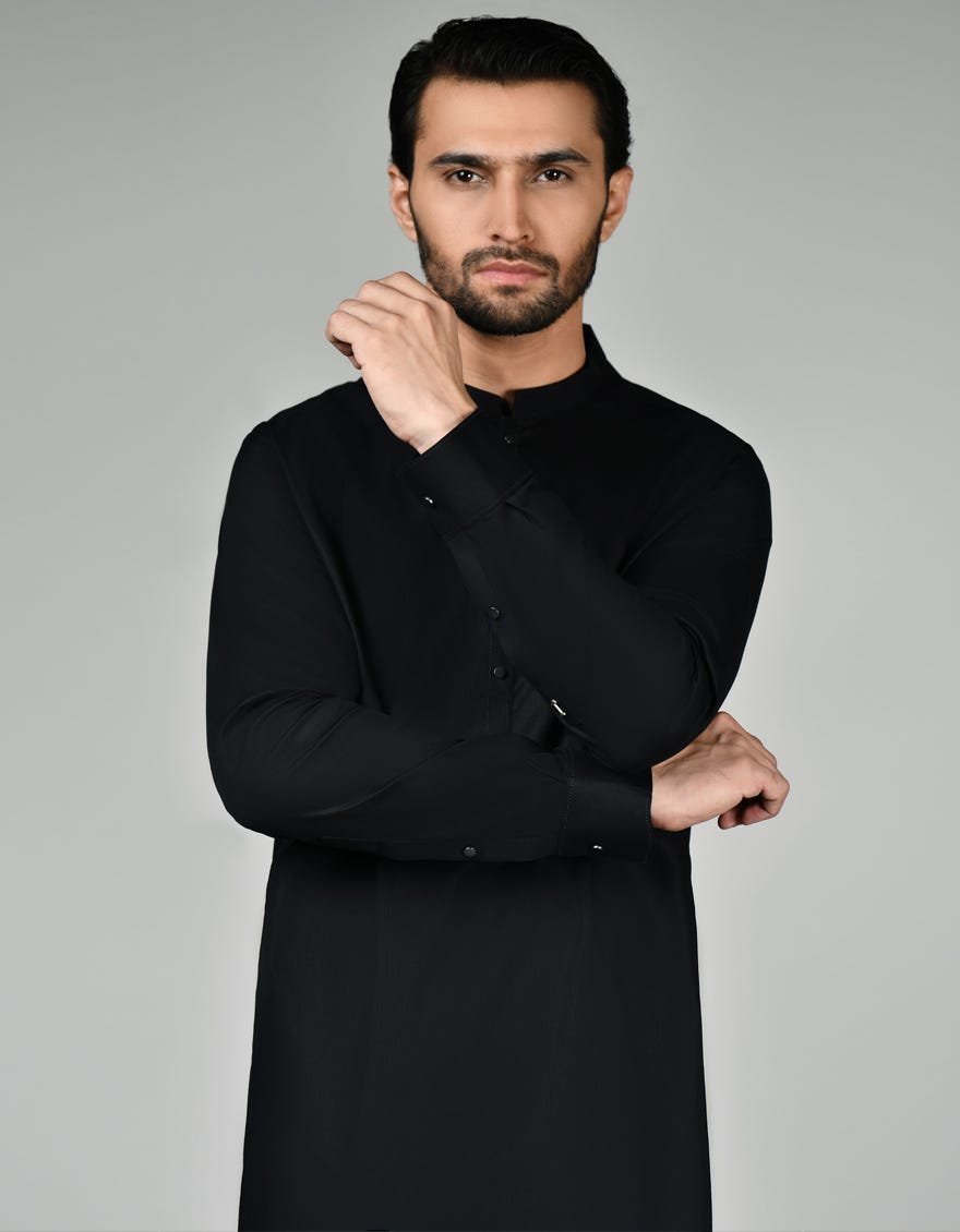 Black Cotton Men's Kameez Shalwar | Jjks-S-32854