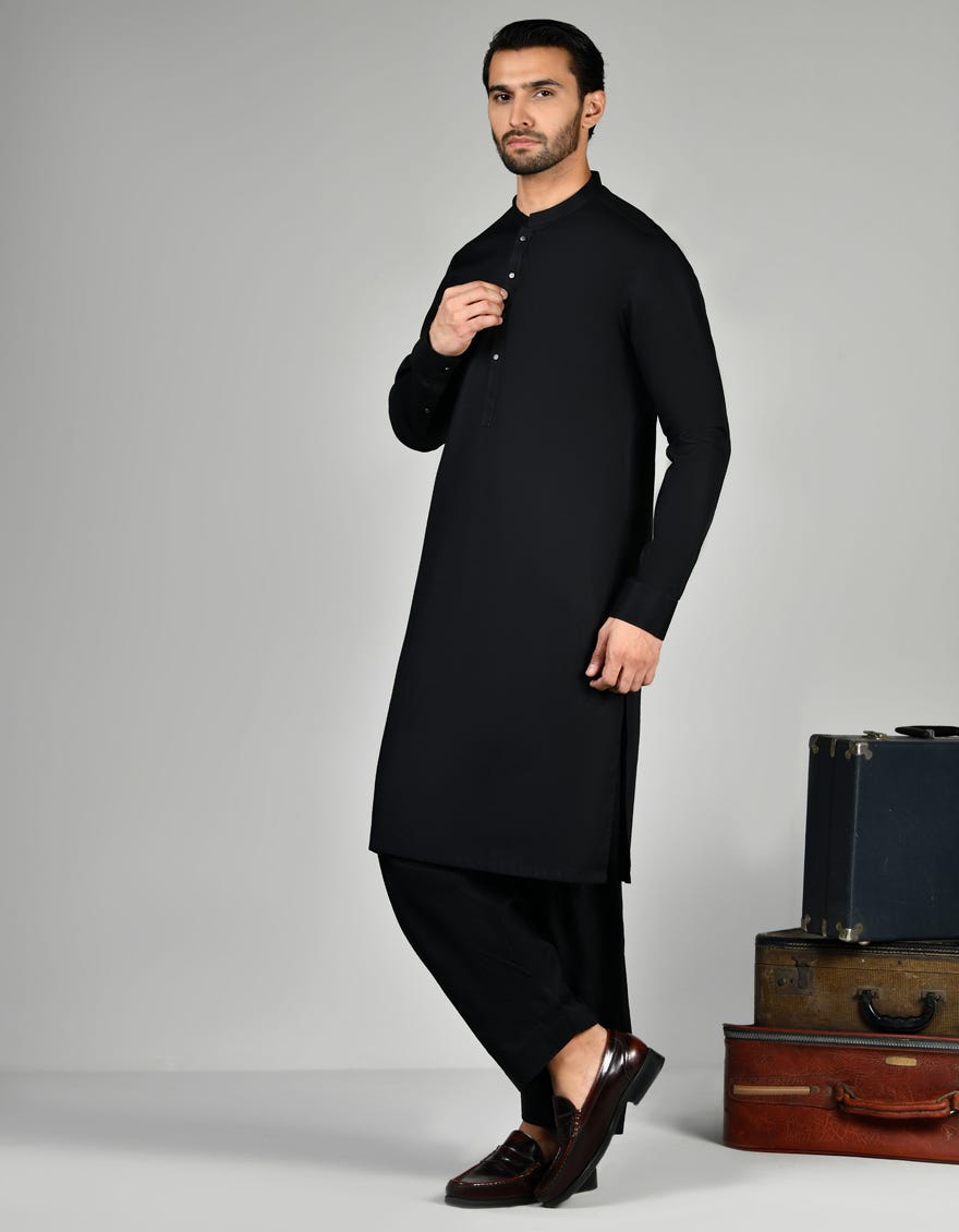 Black Cotton Men's Kameez Shalwar | Jjks-S-32854