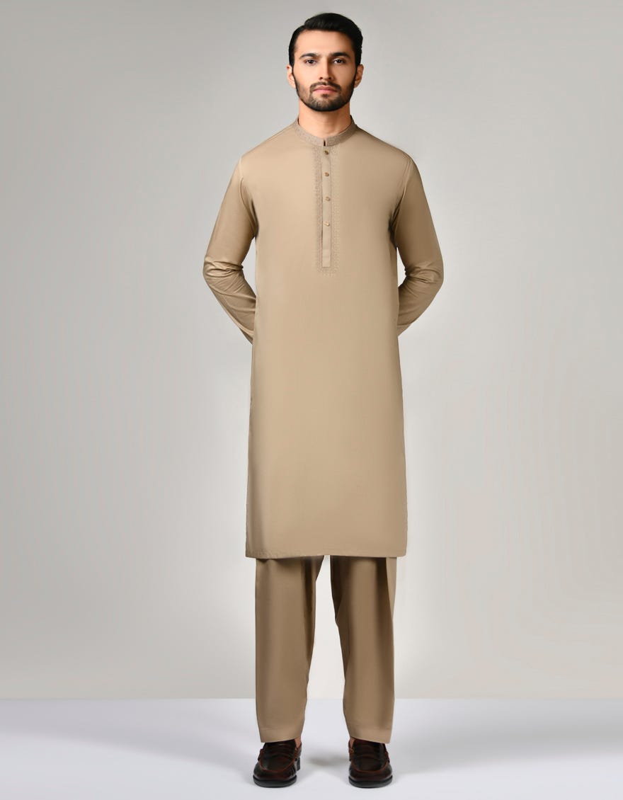 Brown Cotton Men's Kameez Shalwar | Jjks-A-32859