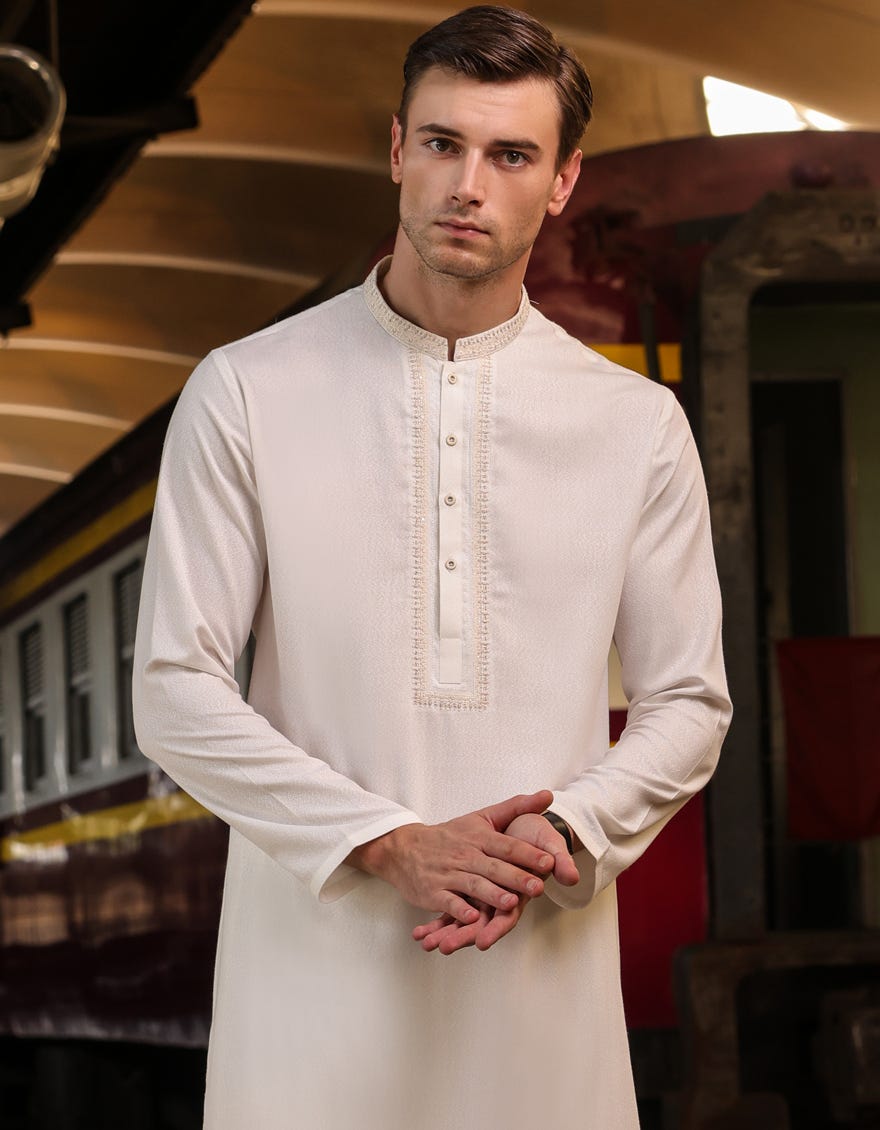 White Blended Men's Kameez Shalwar | Jjks-A-32870