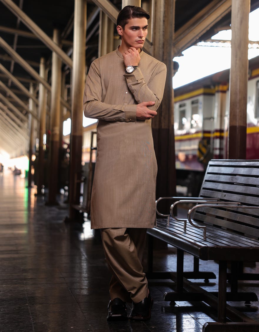 Beige Cotton Men's Kameez Shalwar | Jjks-S-32874