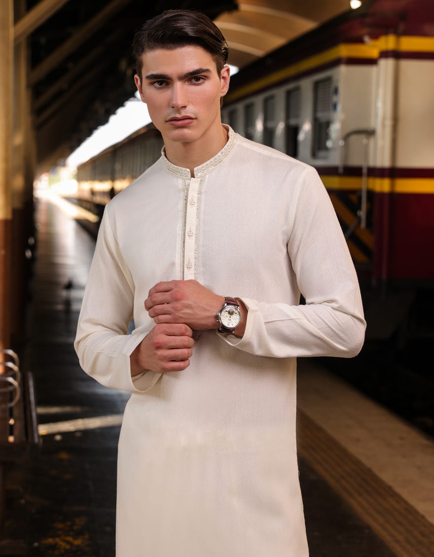 Off White Blended Men's Kameez Shalwar | Jjks-A-32875